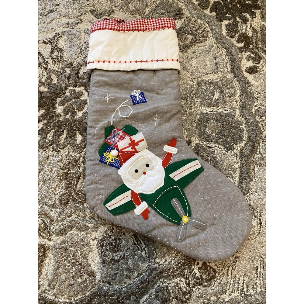 Pottery Barn Kids Boy Gray Quilted Christmas Stocking Santa Airplane